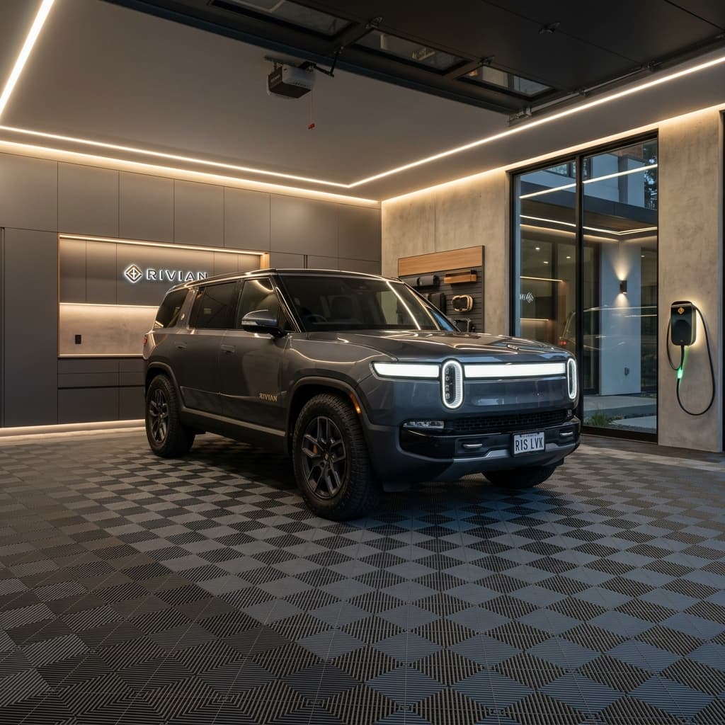 Luxury SUV in a premium garage on Swisstrax floor